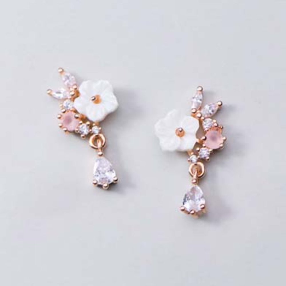 Sterling Silver Crystal Flower Earrings Delicate Minimal Floral Earrings Studs - Picture 6 of 8